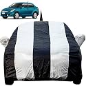 Autofact Car Body Cover for Maruti Swift Dzire (2012 to 2016) with Mirror and Antenna Pocket (Light Weight, Triple Stitched, Heavy Buckle, Bottom Fully Elastic, White Stripes with Navy Blue Color)