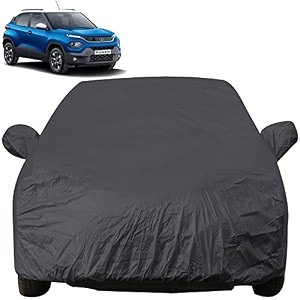 autofact car body cover with mirror pockets compatible for tata punch triple stitched bottom fully elastic dark grey