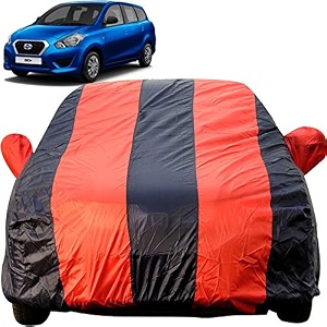 autofact car body cover for nissan datsun go plus mirror pocket premium fabric triple stiched fully elastic redblue color