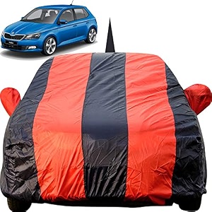 autofact car body cover for skoda fabia with mirror and antenna pocket light weight triple stitched heavy buckle bottom fully elastic red stripes with navy blue color