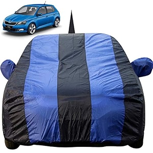autofact car body cover for skoda fabia with mirror and antenna pocket light weight triple stitched heavy buckle bottom fully elastic royal blue stripes with navy blue color