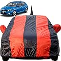 Autofact Car Body Cover for Skoda Fabia with Mirror and Antenna Pocket (Light Weight, Triple Stitched, Heavy Buckle, Bottom Fully Elastic, Red Stripes with Navy Blue Color)