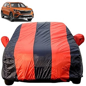 autofact car body cover for skoda kushaq mirror pocket premium fabric triple stiched fully elastic redblue color