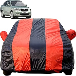 autofact car body cover for skoda laura mirror pocket premium fabric triple stiched fully elastic redblue color