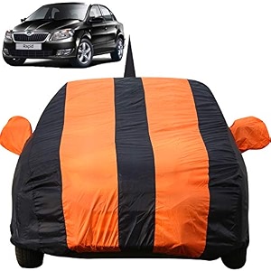 autofact car body cover for skoda rapid with mirror and antenna pocket light weight triple stitched heavy buckle bottom fully elastic orange stripes with navy blue color