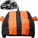 Autofact Car Body Cover for Skoda Rapid with Mirror and Antenna Pocket (Light Weight, Triple Stitched, Heavy Buckle, Bottom Fully Elastic, Orange Stripes with Navy Blue Color)