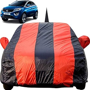 autofact car body cover for tata nexon with mirror and antenna pocket light weight triple stitched heavy buckle bottom fully elastic red stripes with navy blue color