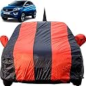 Autofact Car Body Cover for Tata Nexon with Mirror and Antenna Pocket (Light Weight, Triple Stitched, Heavy Buckle, Bottom Fully Elastic, Red Stripes with Navy Blue Color)