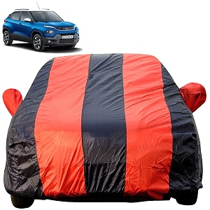 autofact car body cover for tata punch mirror pocket premium fabric triple stiched fully elastic redblue color