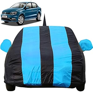 autofact car body cover for volkswagen ameo with mirror and antenna pocket light weight triple stitched heavy buckle bottom fully elastic teak blue stripes with navy blue color