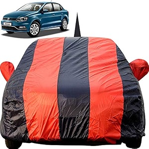 autofact car body cover for volkswagen ameo with mirror and antenna pocket light weight triple stitched heavy buckle bottom fully elastic red stripes with navy blue color