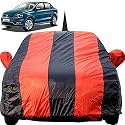Autofact Car Body Cover for Volkswagen Ameo with Mirror and Antenna Pocket (Light Weight, Triple Stitched, Heavy Buckle, Bottom Fully Elastic, Red Stripes with Navy Blue Color)