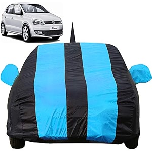 autofact car body cover for volkswagen polo with mirror and antenna pocket light weight triple stitched heavy buckle bottom fully elastic teak blue stripes with navy blue color