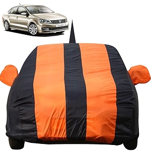 autofact car body cover for volkswagen vento with mirror and antenna pocket light weight triple stitched heavy buckle bottom fully elastic orange stripes with navy blue color