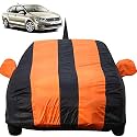 Autofact Car Body Cover for Volkswagen Vento with Mirror and Antenna Pocket (Light Weight, Triple Stitched, Heavy Buckle, Bottom Fully Elastic, Orange Stripes with Navy Blue Color)