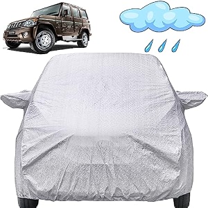 autofact waterproof car body cover compatible with mahindra bolero 2011 to 2021 with mirror pockets shinning silver