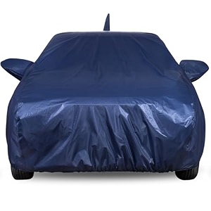 autofact waterproof car body cover compatible with toyota glanza 2022 to 2023 with mirror and antenna pockets210d waterproof navy blue color fabric with blue piping shinning look