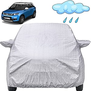 autofact waterproof car body cover compatible with maruti brezza 2016 to 2021 with mirror pockets shinning silver