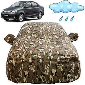 autofact waterproof car body cover compatible with toyota etios 2010 to 2022 with mirror pockets camouflage design
