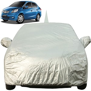 autofact waterproof car body cover for honda amaze 2011 to 2017 with mirror and antenna pocket light weight triple stitched heavy buckle bottom fully elastic silver matty