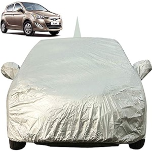 autofact waterproof car body cover for hyundai i20 old model 2008 to 2014 with mirror and antenna pocket light weight triple stitched heavy buckle bottom fully elastic silver matty
