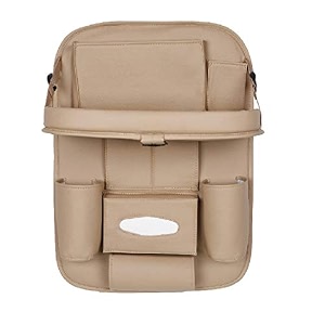 3d car auto seat back multi pocket storage bag organizer with car meal tray - beige
