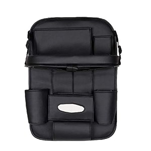 3d car auto seat back multi pocket storage bag organizer with car meal tray - black faux leather