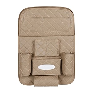 quilted designer premium car auto seat back multi pocket storage bag organizer with car meal tray - beige