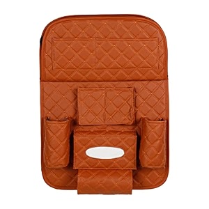 quilted designer premium car auto seat back multi pocket storage bag organizer with car meal tray - tan