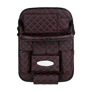 faux leather quilted designer premium car auto seat back multi pocket storage bag organizer with car meal tray - black red