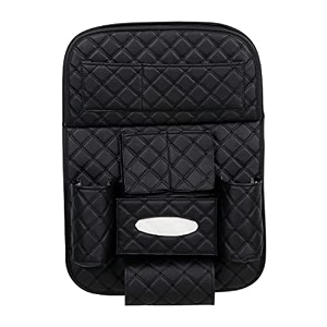 autoistix quilted designer premium car auto seat back multi pocket storage bag organizer with car meal tray - black