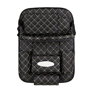 quilted designer premium car auto seat back multi pocket storage bag organizer with car meal tray - black beige