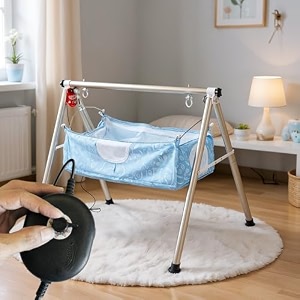 tinytyke stainless steel automatic cradle for baby - electric swing cradle wadjustable speed - fully-foldable round pipe with blue simple amp square hammock - palna for baby boy amp girl of 0 to 3 years