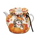 Autumn Pumpkin Cat Tea Pots Cosy Thanksgiving Cotton Breakfast Tea Pot Cover Kitchen Tea Pot Dust Cover with Elastic Band Durable Drawstring Kettle Covers Home Family Decorative Accessories