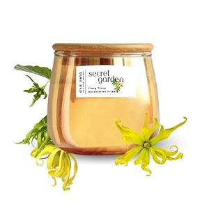 lustre finish golden glass jar soy wax scented candle - fragrance secret garden ylang ylang - 48hrs burn time