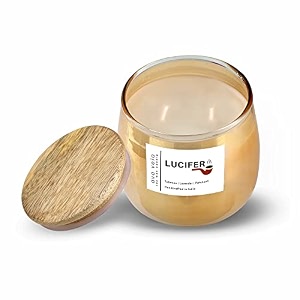 lustre finish golden glass jar soy wax scented candle - fragrance lucifer tobacco  lavender  musk - 48hrs burn time