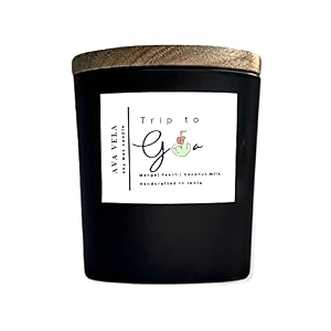 matte black soy wax scented candle - fragrance trip to goa mango  peach  coconut milk - 40hrs burn time