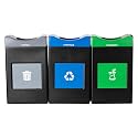 Avante™ Series Made in The USA, Black Triple-Stream,Trash, Recycling and Compost Center, 3-30-gallon Shallow Units, Open Top, Liners Included