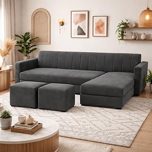 avarion luxe velvet suede fabric 4 seater rhs l shape sofa set  with 2 ottoman amp modular lounger  comfortable amp spacious seating  modern sofa set for living room  dark grey