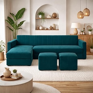 avarion luxe velvet suede fabric 4 seater lhs l shape sofa set  with 2 ottoman amp modular lounger  comfortable amp spacious seating  modern sofa set for living room in green teal