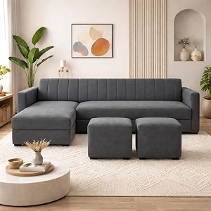 avarion luxe velvet suede fabric 4 seater lhs l shape sofa set  with 2 ottoman amp modular lounger  comfortable amp spacious seating  modern sofa set for living room  dark grey