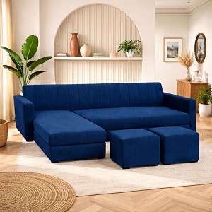 avarion luxe velvet suede fabric 4 seater lhs l shape sofa set  with 2 ottoman amp modular lounger  comfortable amp spacious seating  modern sofa set for living room  dark blue
