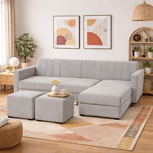 avarion luxe velvet suede fabric 4 seater rhs l shape sofa set  with 2 ottoman amp removable lounger  comfortable amp spacious seating  modern sofa set for living room  light grey