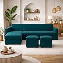 Avarion Luxe Velvet Suede Fabric 4 Seater LHS L Shape Sofa Set | with 2 Ottoman &amp; Modular Lounger | Comfortable &amp; Spacious Seating | Modern Sofa Set for Living Room in Green Teal