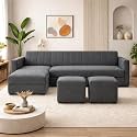 Avarion Luxe Velvet Suede Fabric 4 Seater LHS L Shape Sofa Set | with 2 Ottoman & Modular Lounger | Comfortable & Spacious Seating | Modern Sofa Set for Living Room – Dark Grey