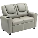 AVAWING Double Toddler Recliner Chair, Kids Couch with Cup Holders, Faux Leather Kids Recliner, Loveseat Sofa w/Adjustable Footrest &amp; Headrest for Boys and Girls Age 1-4, Grey