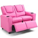 AVAWING Kids Recliner Chair, Double Kids Sofa Chair w/Cup Holder PU Leather, Toddler Loveseat Couch w/Adjustable Footrest & Headrest for Boys Girls 3+ Age Group, Pink