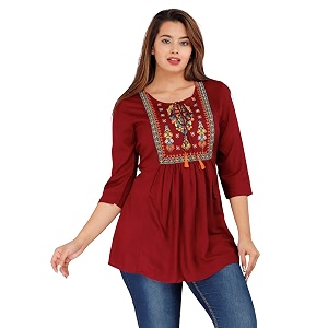 Avayayat Womens Rayon Classic Heavy Embroidery Top