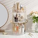 Aveniee 3-Tier 360° Rotating Makeup Organizer, Clear Spinning Perfume Cosmetic Storage for Vanity Countertop, Sturdy Metal Pole Skincare Holder Stand for Bathroom Dresser, White