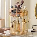 Aveniee 360 Rotating Makeup Organizer for Vanity, Upagraded Perfume Skincare Bathroom Counter Organizers with Brush Divider, Two Tier Spinning Lipstick CosmeticLotion Storage,Gold